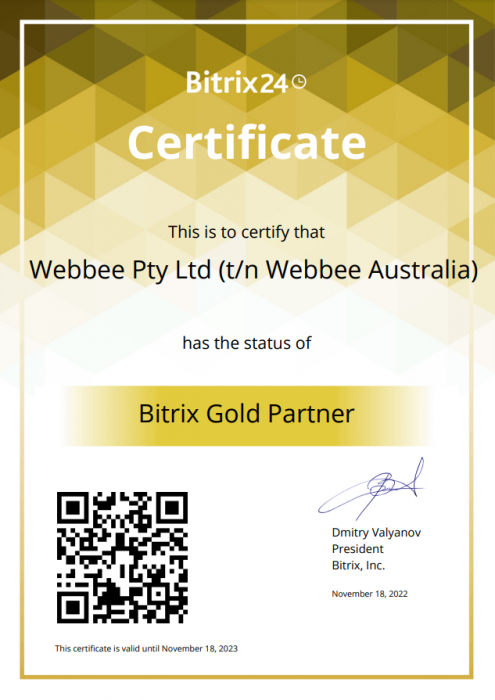 WEBBEE Australia has a status of Bitrix24 GOLD PARTNER